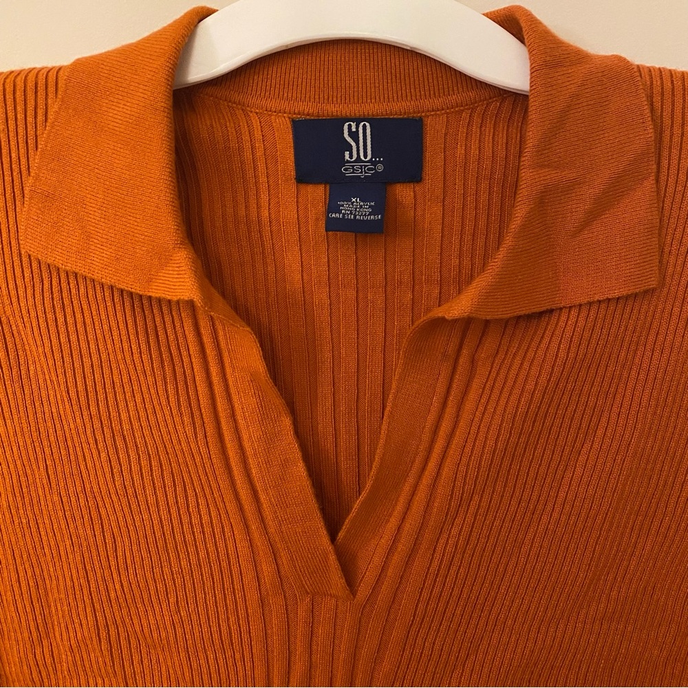 Vintage 90s SO gsjc Orange v neck collared lightweight sweater top juniors XL - Picture 3 of 9